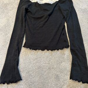 Free People Light Lace-Trim Black Long-Sleeve Women's Top